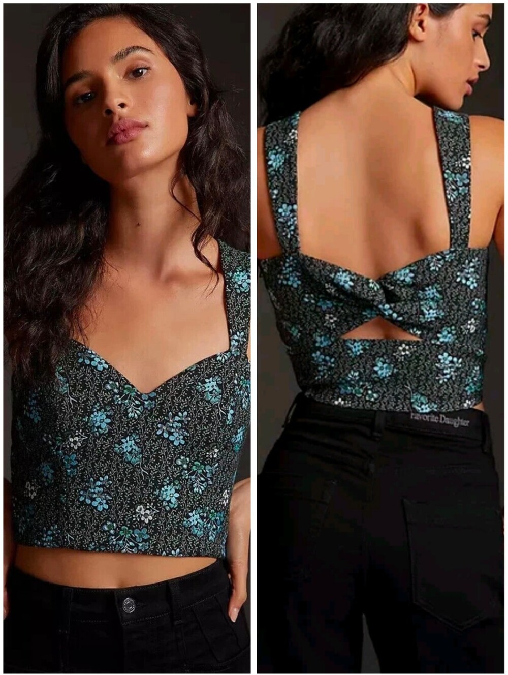 Sachin & Babi Corset Crop Top Blue Black Tapestry Jacquard Anthropologie Small